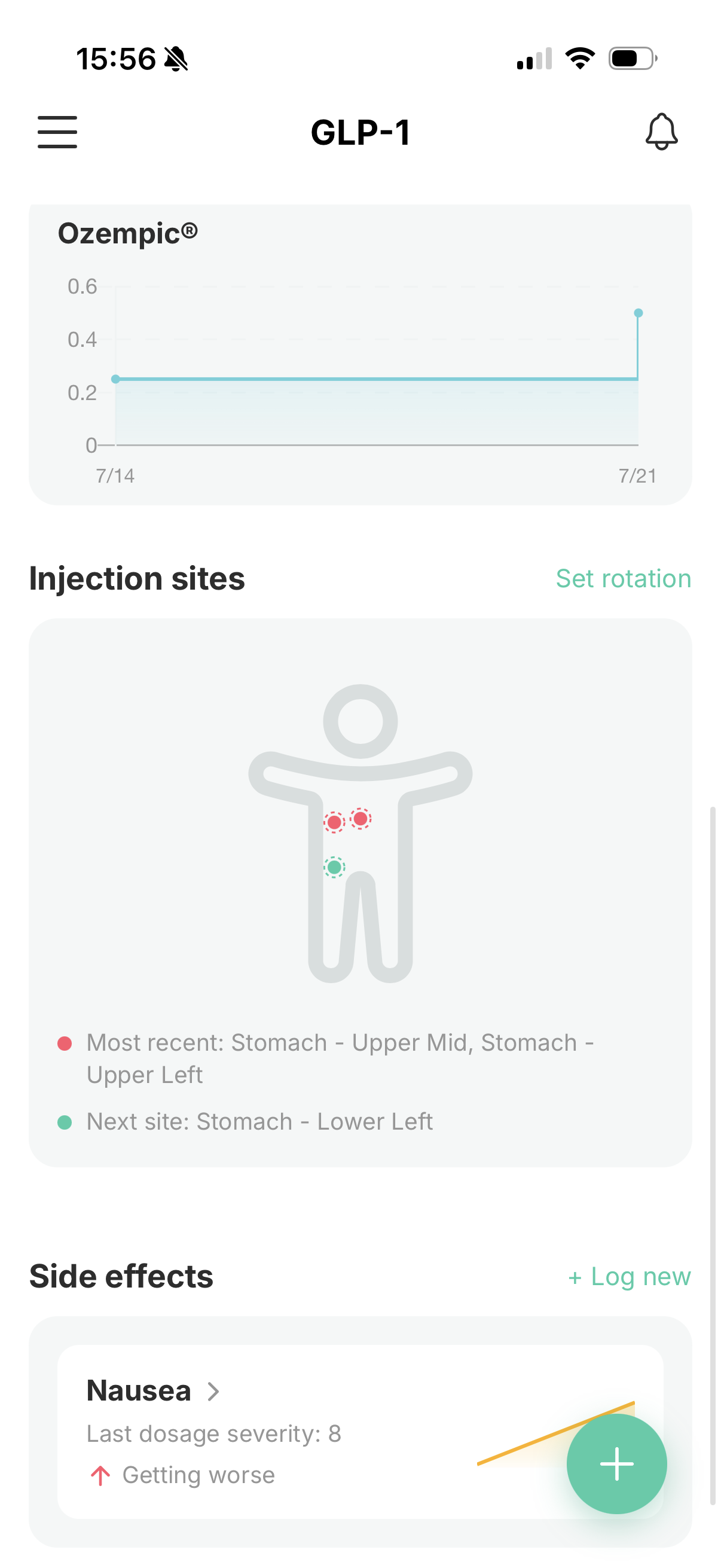 GLP-1 injection site rotation and side effect tracking in the app